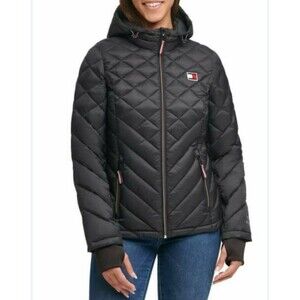 Tommy Hilfiger Hooded Puffer Coat Women's Medium Black Quilted Gorpcore Outdoor